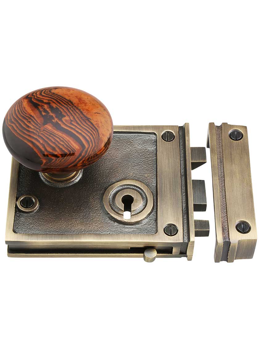 Alternate View 2 of Solid Brass Horizontal Rim Lock Set with Bennington Style Porcelain Knobs.