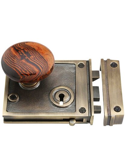 Alternate View 2 of Solid Brass Horizontal Rim Lock Set with Bennington Style Porcelain Knobs.