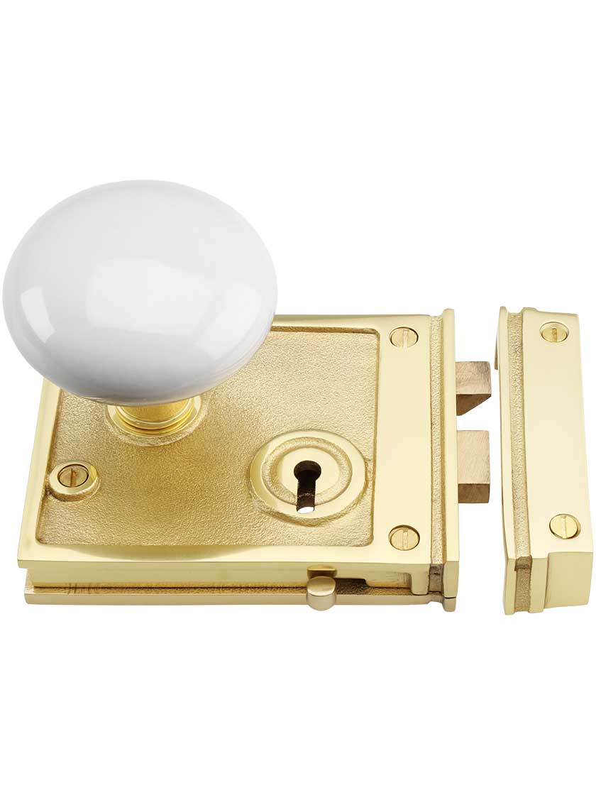 Alternate View 2 of Solid Brass Horizontal Rim Lock Set with White Porcelain Knobs.