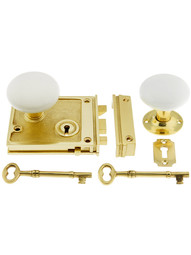 Solid Brass Horizontal Rim Lock Set with White Porcelain Knobs