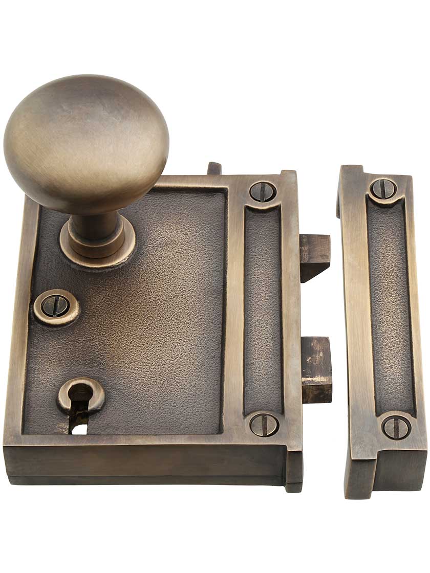 Alternate View 2 of Solid Brass Vertical Rim Lock Set with Small Round Knobs In Antique-By-Hand Finish.