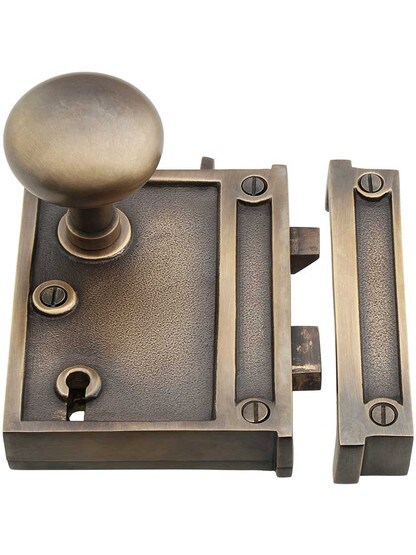 Alternate View 2 of Solid Brass Vertical Rim Lock Set with Small Round Knobs In Antique-By-Hand Finish.