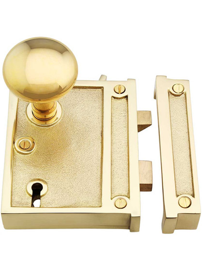 Alternate View of Solid Brass Vertical Rim Lock Set with Small Round Knobs.