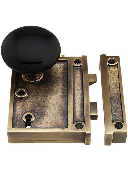 Alternate View 2 of Solid Brass Vertical Rim Lock Set with Black Porcelain Door Knobs.