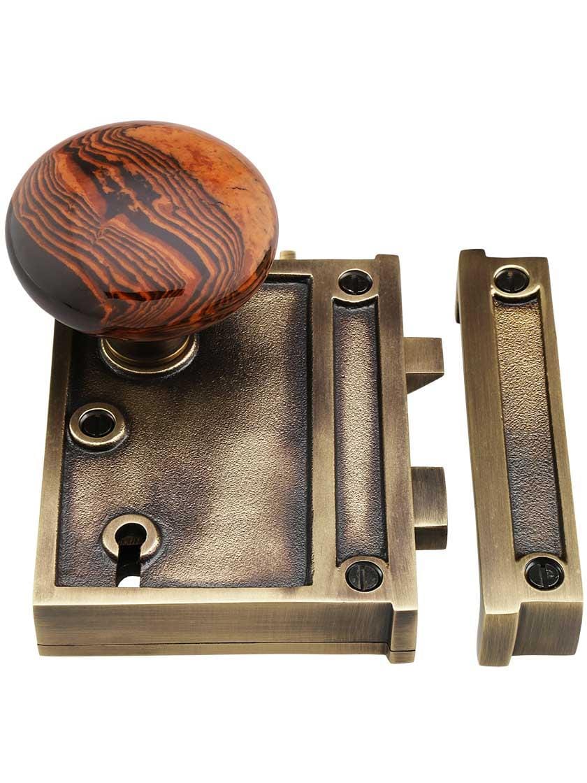 Alternate View 2 of Solid Brass Vertical Rim Lock Set with Bennington Style Porcelain Knobs.