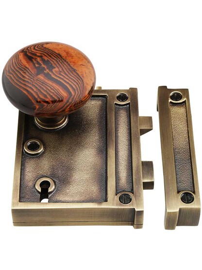 Alternate View 2 of Solid Brass Vertical Rim Lock Set with Bennington Style Porcelain Knobs.