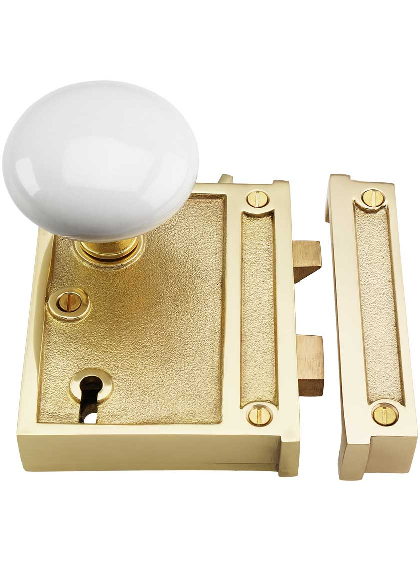 Alternate View 2 of Solid Brass Vertical Rim Lock Set with White Porcelain Knobs.