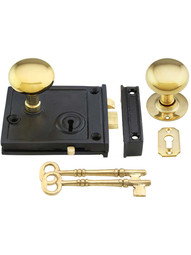 Cast Iron Horizontal Rim Lock Set with Small Brass Knobs