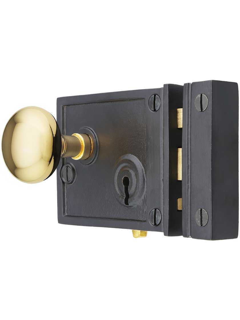 Alternate View of Cast Iron Horizontal Rim Lock Set with Small Brass Knobs.