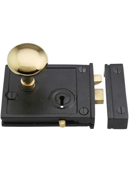 Alternate View 2 of Cast Iron Horizontal Rim Lock Set with Small Brass Knobs.