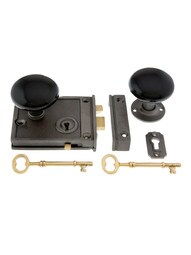 Cast Iron Horizontal Rim Lock Set with Black Porcelain Door Knobs.