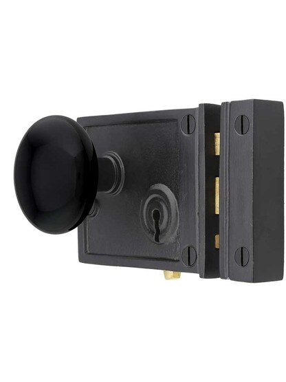 Alternate View of Cast Iron Horizontal Rim Lock Set with Black Porcelain Door Knobs.
