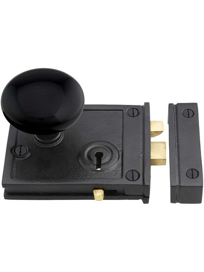 Alternate View 2 of Cast Iron Horizontal Rim Lock Set with Black Porcelain Door Knobs.