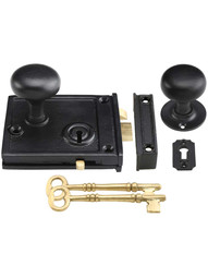 Cast Iron Horizontal Rim Lock Set with Small Iron Knobs.