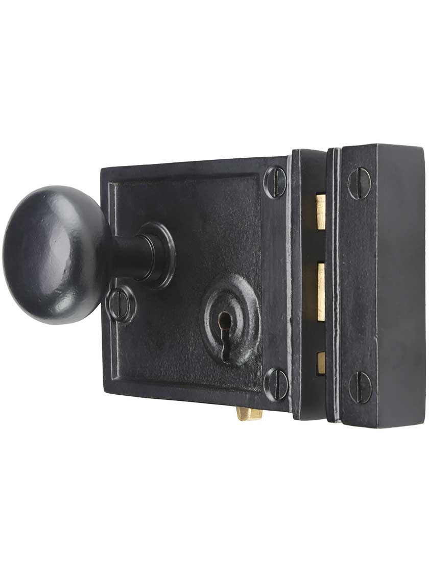 Alternate View of Cast Iron Horizontal Rim Lock Set with Small Iron Knobs.