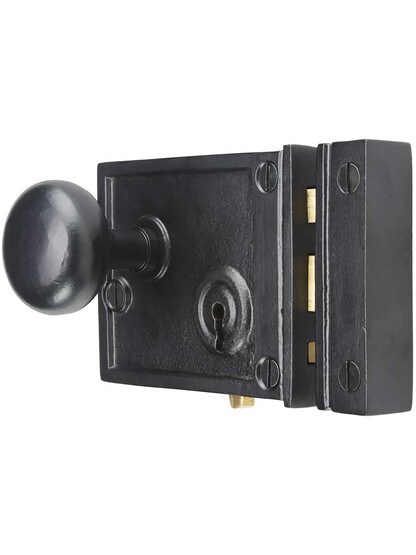 Alternate View of Cast Iron Horizontal Rim Lock Set with Small Iron Knobs.