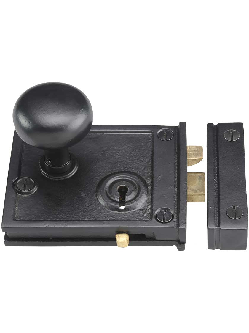 Alternate View 2 of Cast Iron Horizontal Rim Lock Set with Small Iron Knobs.