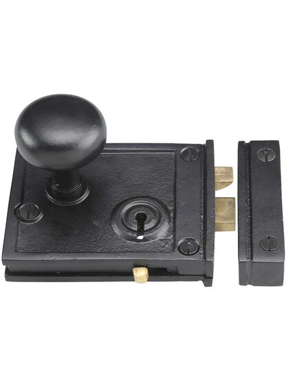 Alternate View 2 of Cast Iron Horizontal Rim Lock Set with Small Iron Knobs.