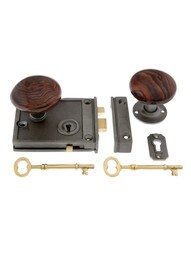 Cast Iron Horizontal Rim Lock Set with Bennington Style Door Knobs.