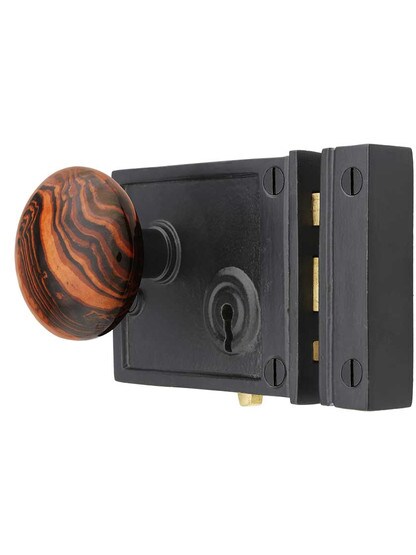 Alternate View of Cast Iron Horizontal Rim Lock Set with Bennington Style Door Knobs.