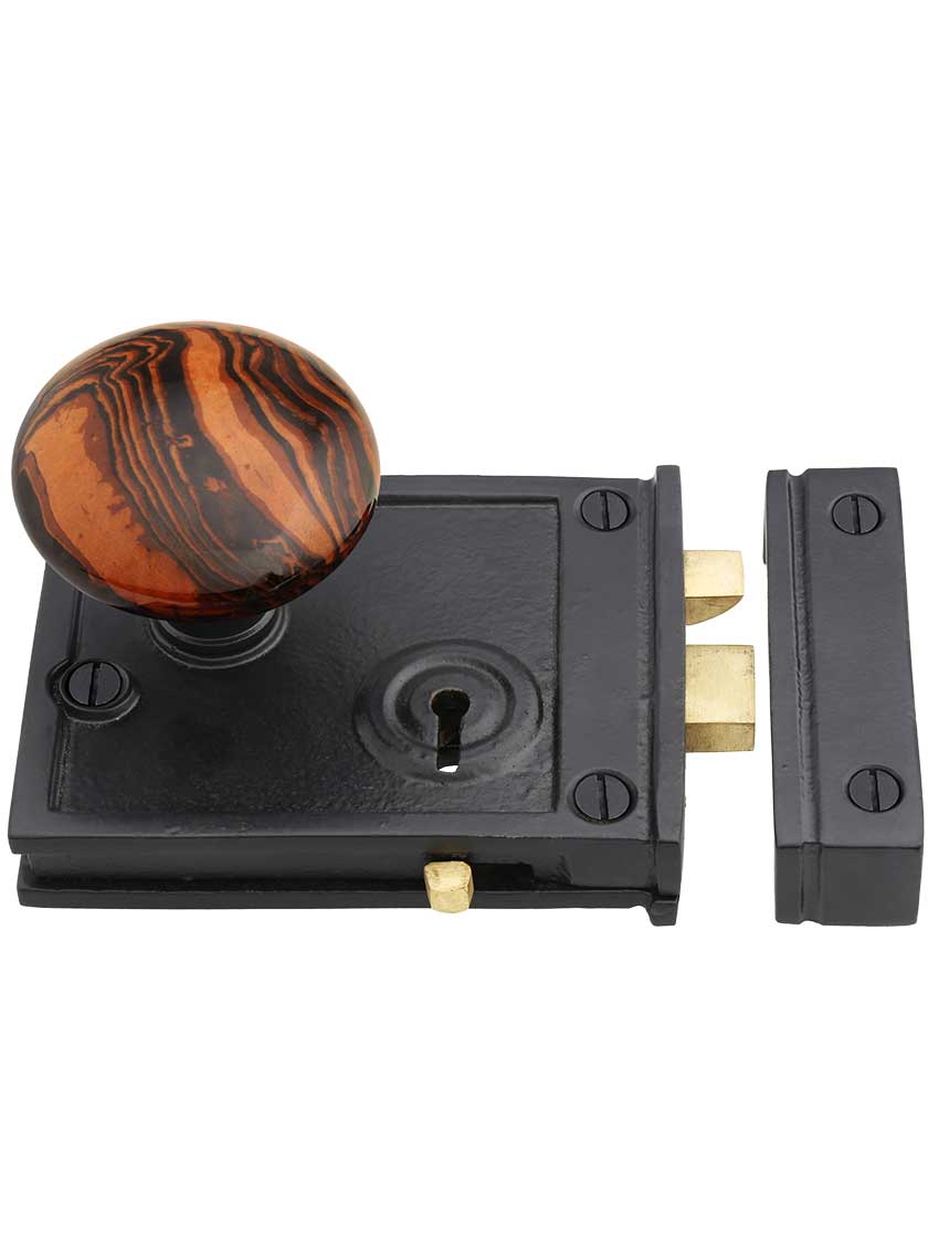 Alternate View 2 of Cast Iron Horizontal Rim Lock Set with Bennington Style Door Knobs.