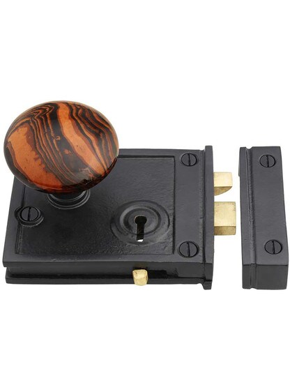 Alternate View 2 of Cast Iron Horizontal Rim Lock Set with Bennington Style Door Knobs.