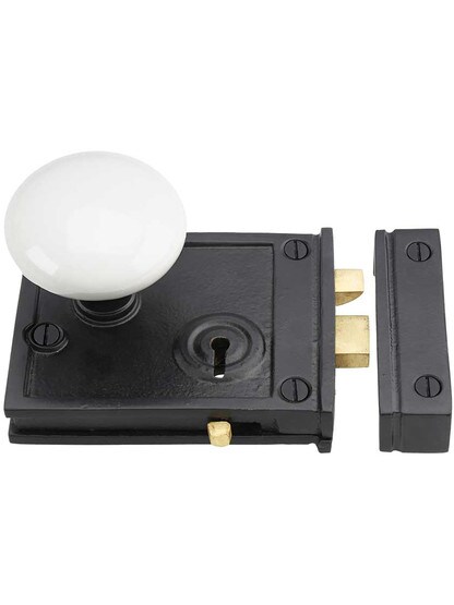 Alternate View 2 of Cast Iron Horizontal Rim Lock Set with White Porcelain Door Knobs.