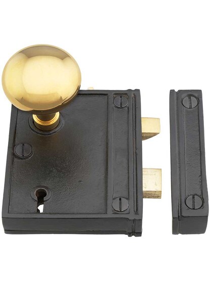Alternate View 2 of Cast Iron Vertical Rim Lock Set with Small Brass Knobs.