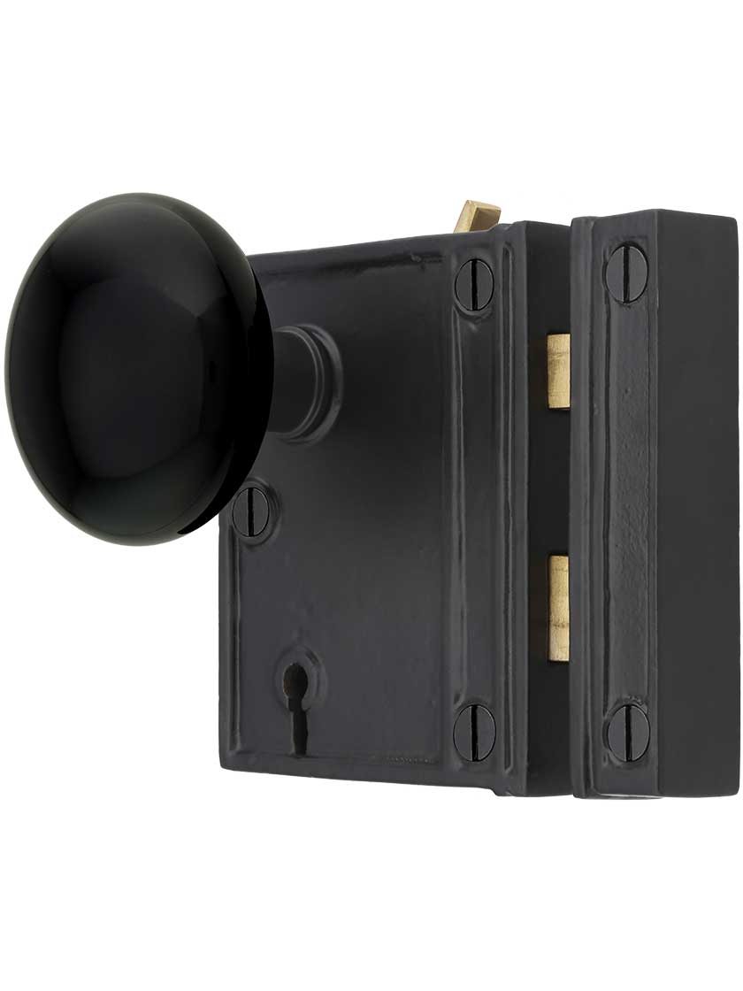 Alternate View of Cast Iron Vertical Rim Lock Set with Black Porcelain Door Knobs.