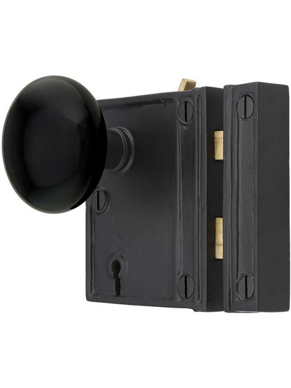 Alternate View of Cast Iron Vertical Rim Lock Set with Black Porcelain Door Knobs.