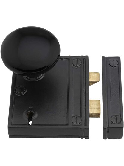 Alternate View 2 of Cast Iron Vertical Rim Lock Set with Black Porcelain Door Knobs.