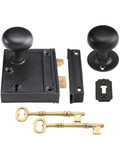 Cast Iron Vertical Rim Lock Set with Small Iron Knobs.