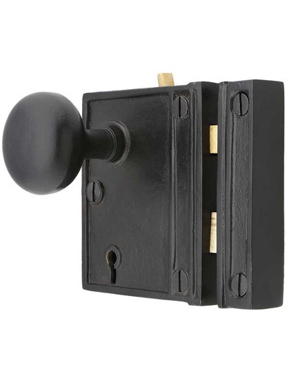 Alternate View of Cast Iron Vertical Rim Lock Set with Small Iron Knobs.