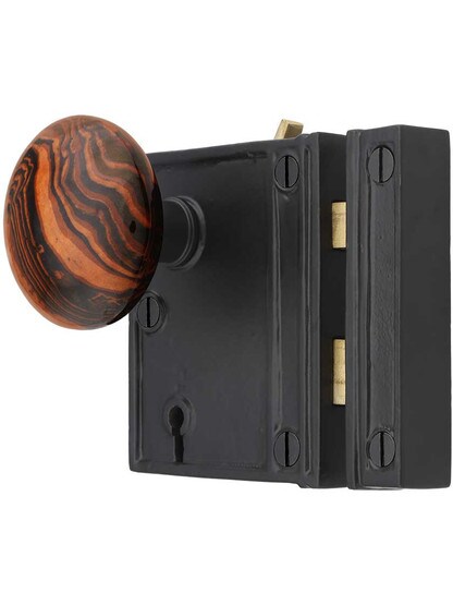 Alternate View of Cast Iron Vertical Rim Lock Set with Bennington Style Door Knobs.