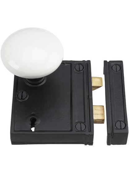 Alternate View 2 of Cast Iron Vertical Rim Lock Set with White Porcelain Door Knobs.
