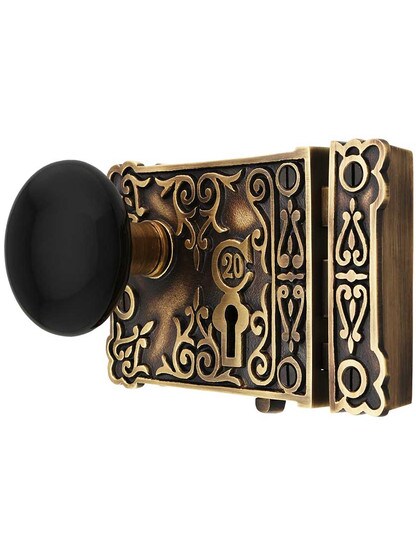 Alternate View of Solid Brass Century Rim Lock Set with Black Porcelain Knobs.