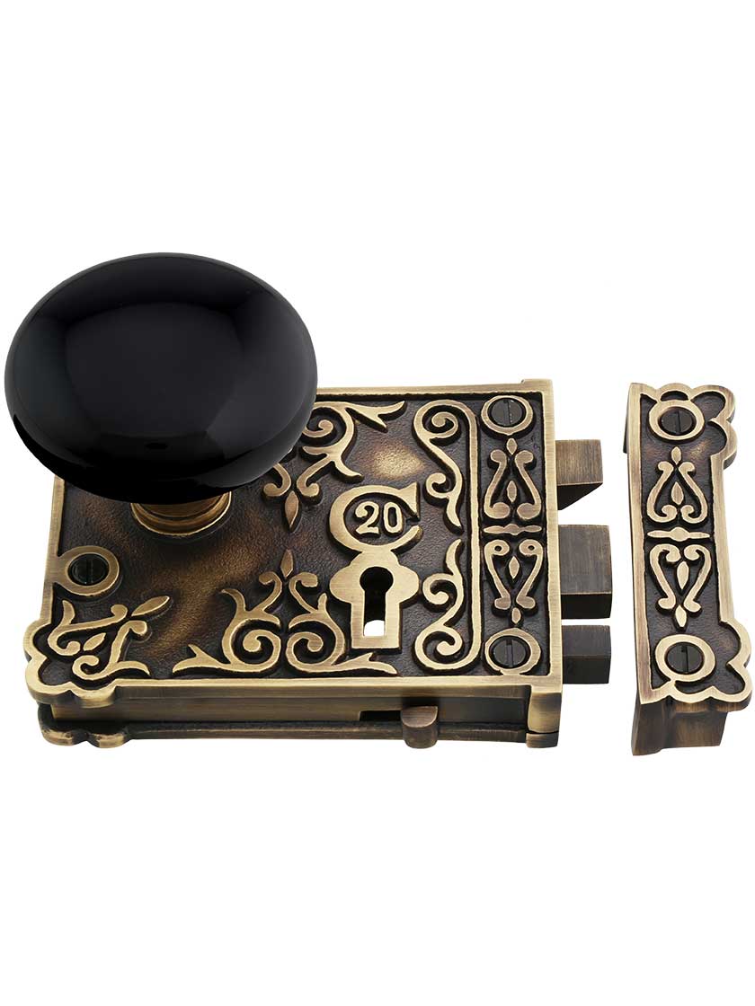 Alternate View 2 of Solid Brass Century Rim Lock Set with Black Porcelain Knobs.