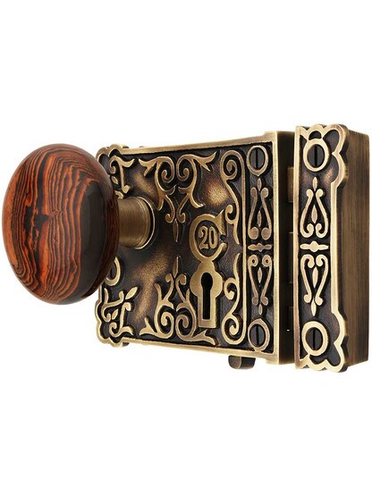 Alternate View of Solid Brass Century Rim Lock Set with Brown Swirl Porcelain Knobs.