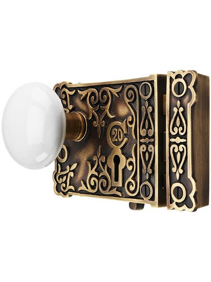 Alternate View of Solid Brass Century Rim Lock Set with White Porcelain Knobs.