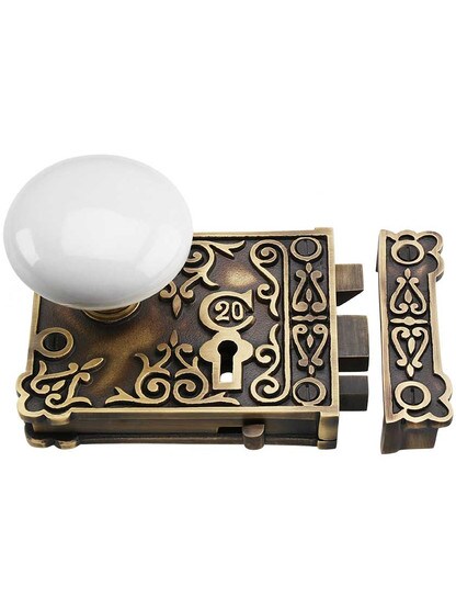 Alternate View 2 of Solid Brass Century Rim Lock Set with White Porcelain Knobs.