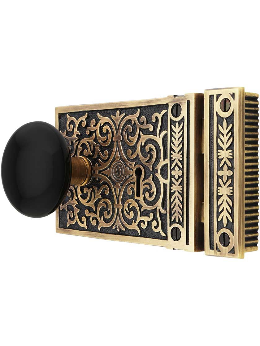 Alternate View of Solid Brass Scroll Rim Lock Set with Black Porcelain Door Knobs.