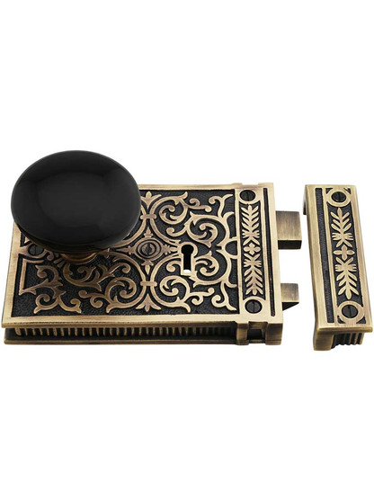 Alternate View 2 of Solid Brass Scroll Rim Lock Set with Black Porcelain Door Knobs.