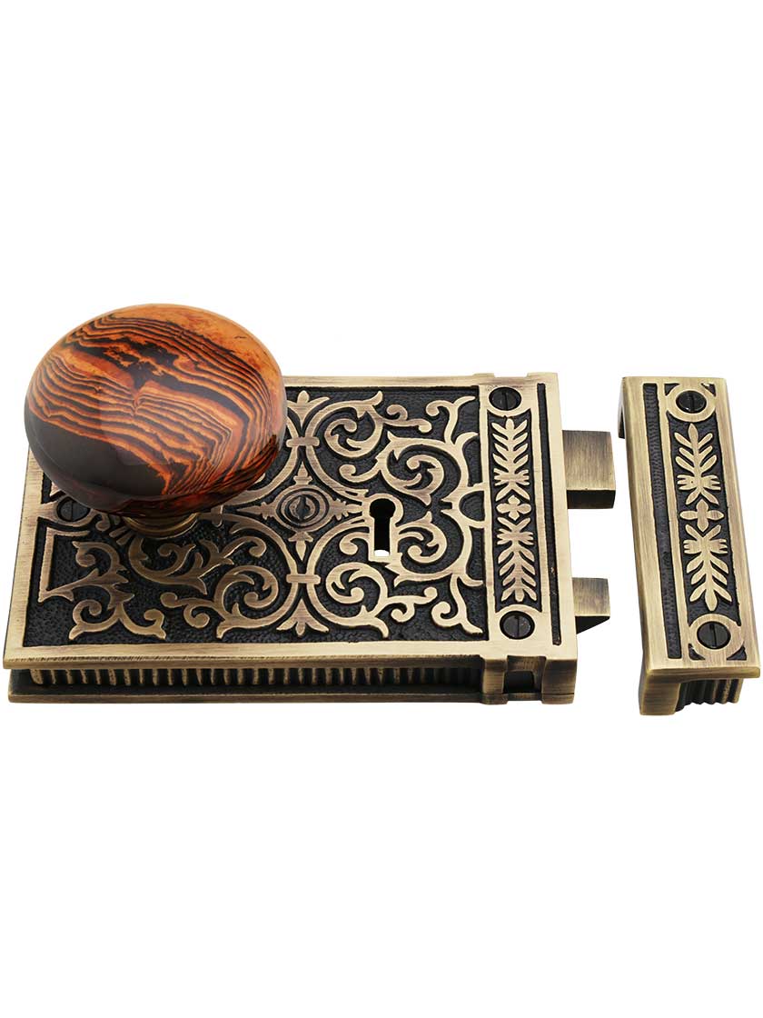 Alternate View 2 of Solid Brass Scroll Rim Lock Set with Brown Swirl Porcelain Knobs.