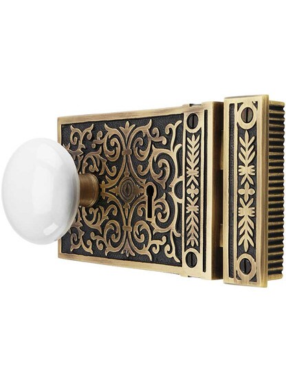 Alternate View of Solid Brass Scroll Rim Lock Set with White Porcelain Knobs.