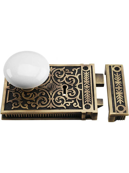Solid Brass Scroll Rim Lock Set with White Porcelain Knobs