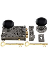 Cast Iron Century Rim Lock Set with Black Porcelain Knobs in