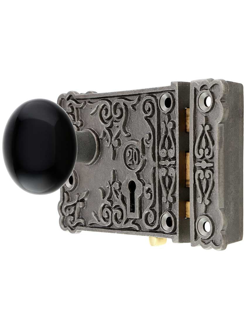 Alternate View of Cast Iron Century Rim Lock Set with Black Porcelain Knobs in