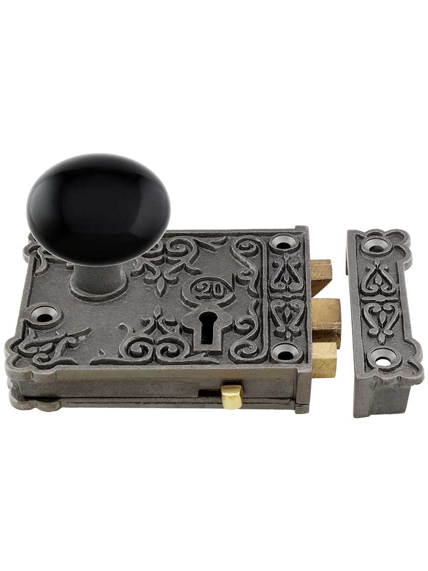 Cast Iron Century Rim Lock Set with Black Porcelain Knobs
