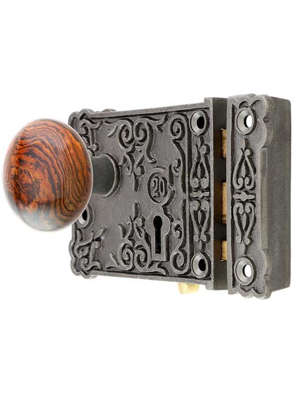 Alternate View of Cast Iron Century Rim Lock Set with Brown Swirl Porcelain Knobs in