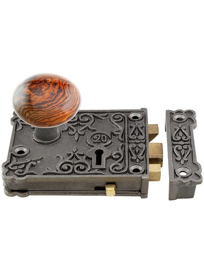 Alternate View 2 of Cast Iron Century Rim Lock Set with Brown Swirl Porcelain Knobs in